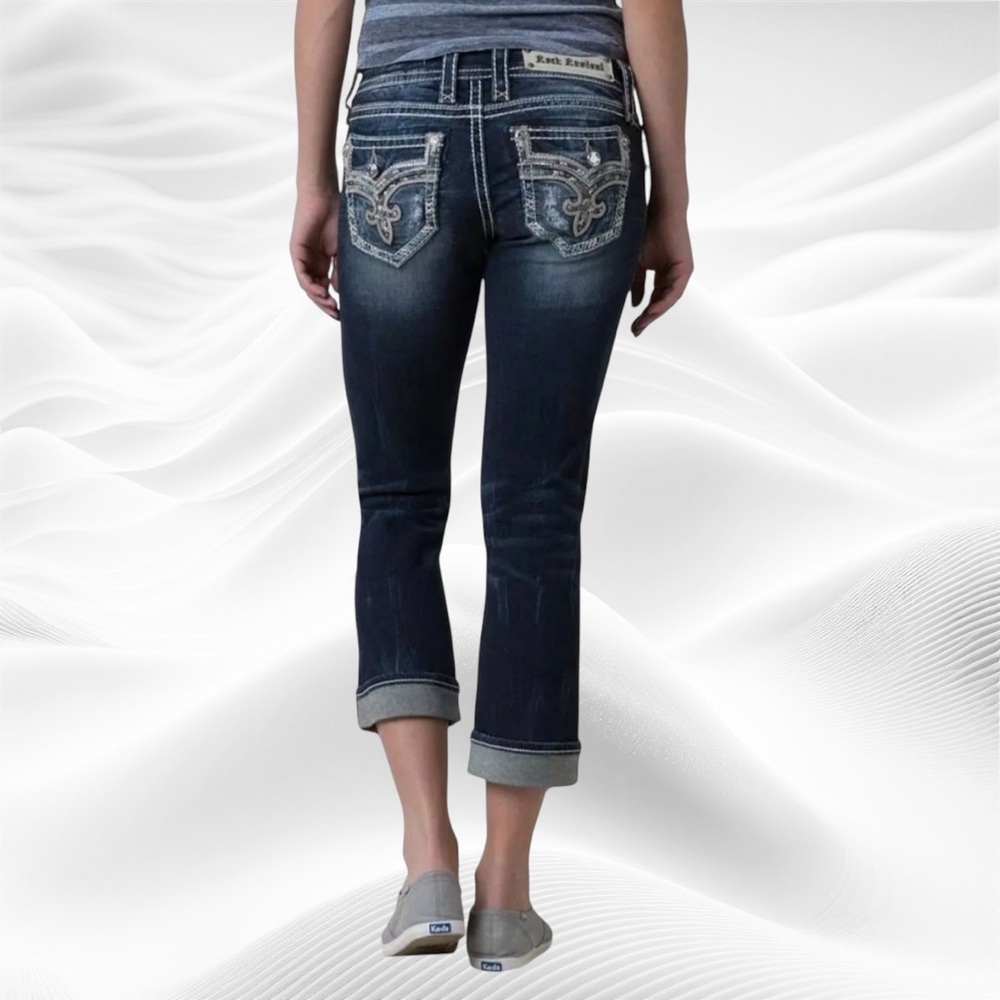Rock Revival Meri‎ Slim Stretch Cropped Jean Size 27 Rhinestone Embroidered Low